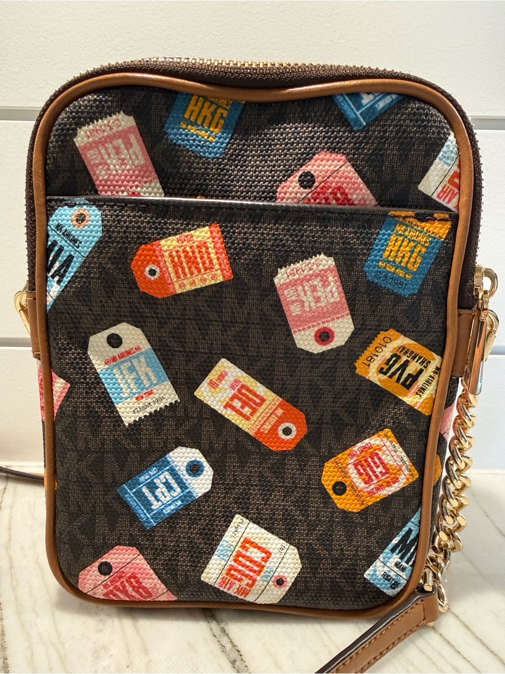 Michael Kors Brown Logo Crossbody with Multicolor Tag Print - Picture 4 of 10